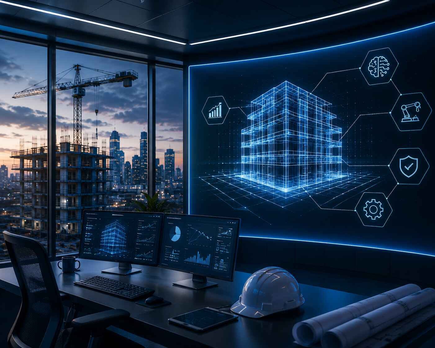 Construction leaders reviewing business intelligence